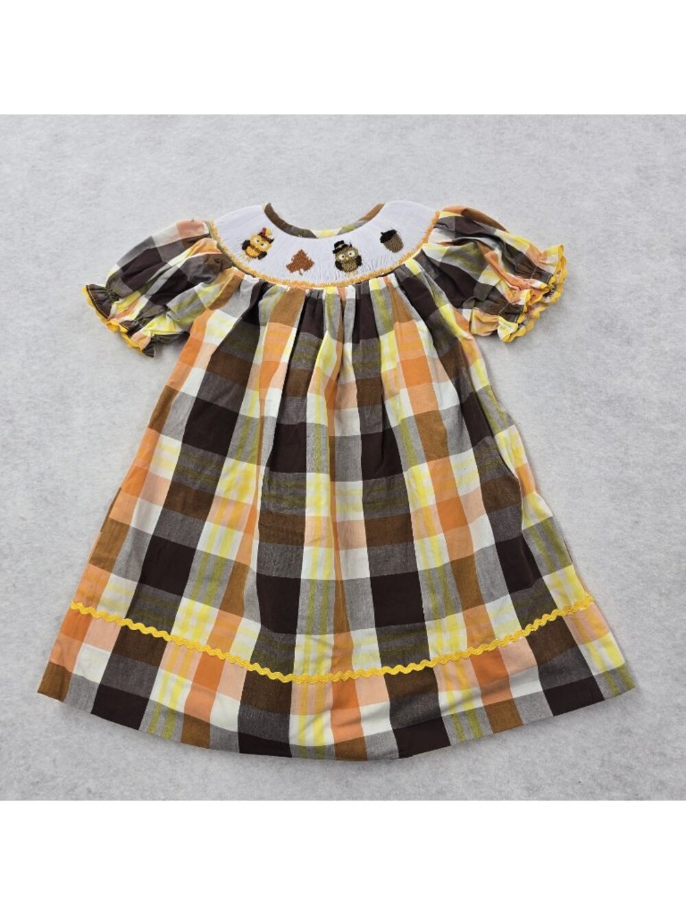 Five Little Monkeys Smocked Dress 9M Fall Thanksgiving Turkey Leaf Ruffles EUC